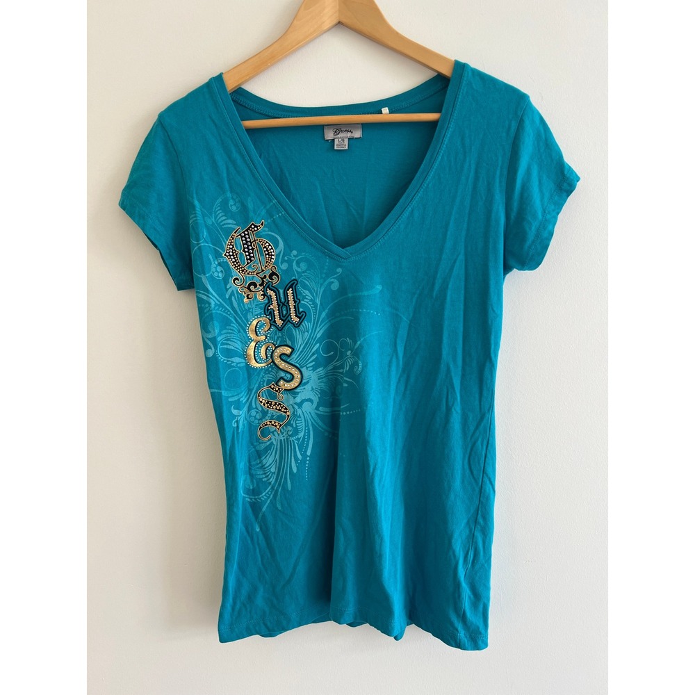 Guess Y2K Teal Rhinestone Logo Tee Size L 2000s V Neck Graphic Bling Throwback